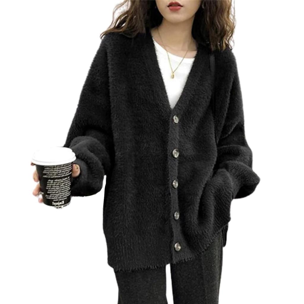Knit Fluffy Loose Coat with Everyday Winter [Leadamon-oee] Women's Cardigan, Sweater, Outerwear, V-Neck, Open-Front, Fit, Figure-Flattering, Soft,