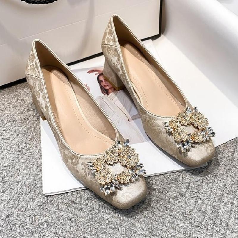 Fashion Woman High Heels Square Toe Rhinestone Fashion 2025 New Spring/Summer Satin Shallow Mouth  Women's Shoes Elegant Banquet Pumps
