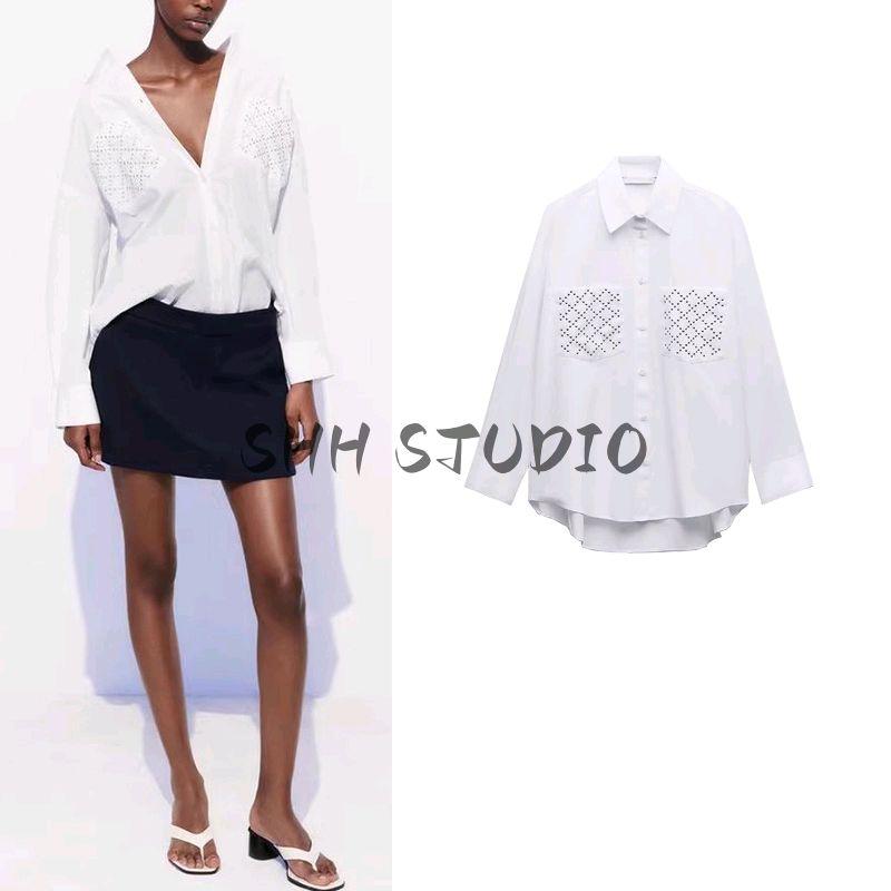 Summer New Product Women's Clothes Lapel Long Sleeves Asymmetric Hem Rivet Ornament Poplin Loose Shirt 2298078