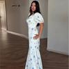 European and American women's clothing 2026 summer new French satin V-neck bubble sleeve strap waist floral dress