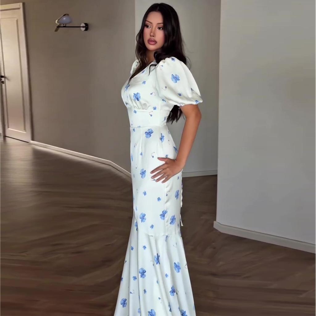 European and American women's clothing 2026 summer new French satin V-neck bubble sleeve strap waist floral dress
