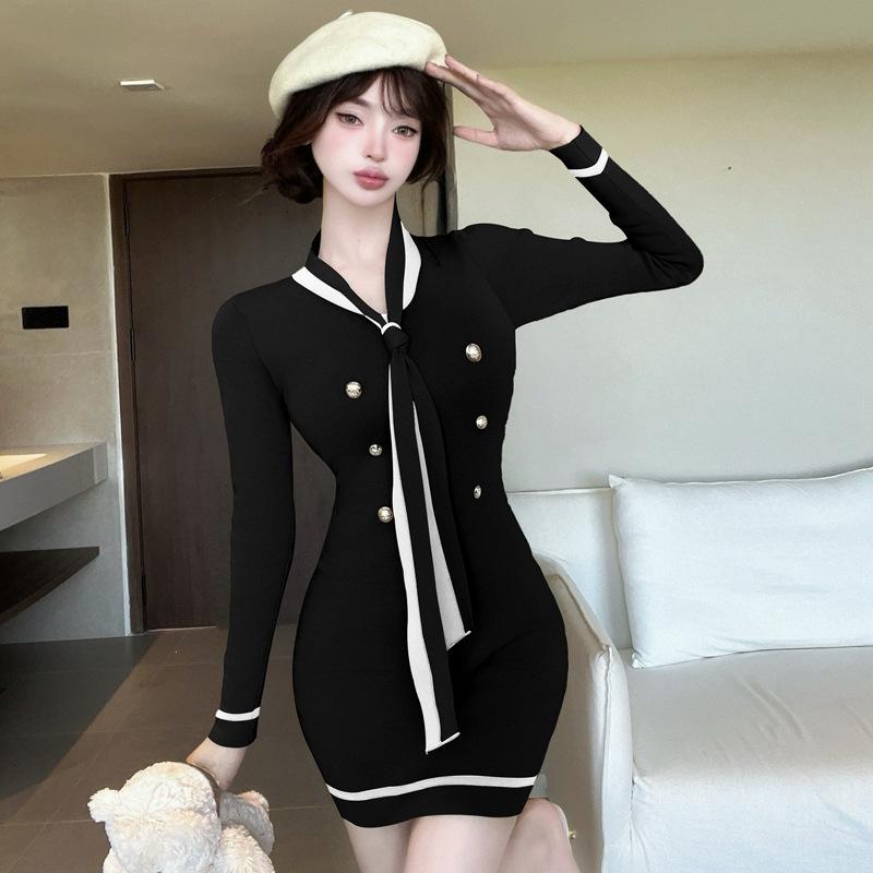 Autumn new temperament socialite Xiaoxiangfeng long-sleeved dress for women, waist and thin knitted hip-wrapped short skirt for women