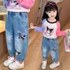 Sanrio Kuromi Fashion Jeans Girl Cute Straight Trousers Loose Comfortable Summer Print Cartoon Children New Thin Long Pants Gift