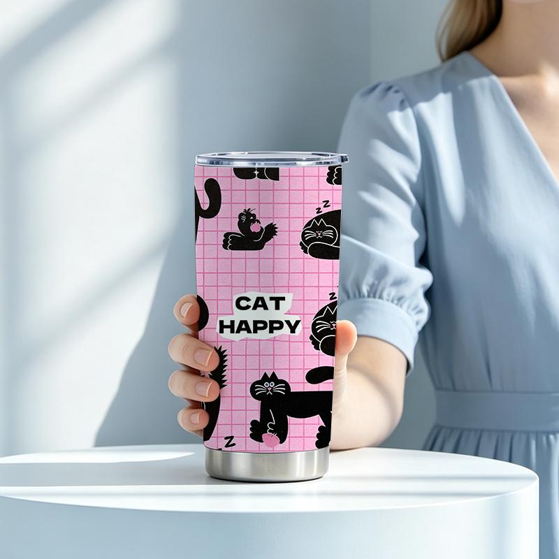 Car Tumbler 591ml(1 Random Straw Included)Multi-Pose Pink Plaid Black Cat MotifVacuum Insulated Cup Large Iced Cup Creative Gift Cup 591ml Car Tumbler