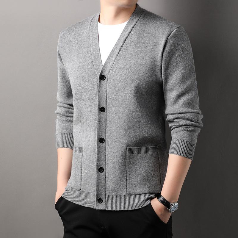 Men's Knitted Cardigan Coat Spring and Autumn V-neck Solid Color Top Real Pocket Sweater Business Casual Outdoor Sweater