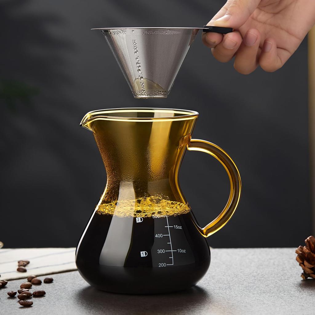 POKALOTEA Coffee Drip Coffee No Paper Coffee Filter Reusable Stainless Steel Microwave Graduations Included Server, Amber, Server, 500ml, Required,