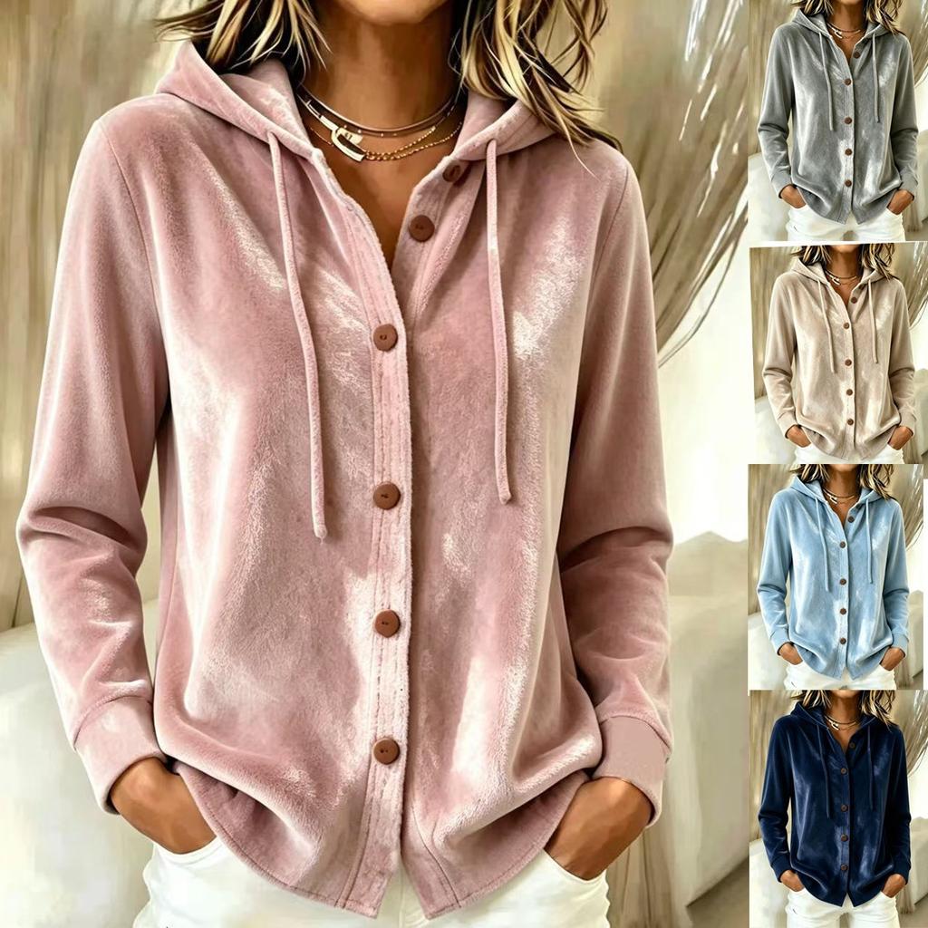 New European and American women's plush hooded cardigan solid color loose casual fashion sweater jacket