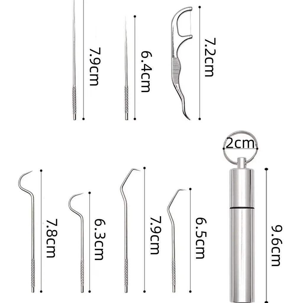 7pc/1set Stainless Steel Toothpicks Pocket Set With Keychain Reusable Metal Teeth Cleaner Tools Portable Nursing Care Tools