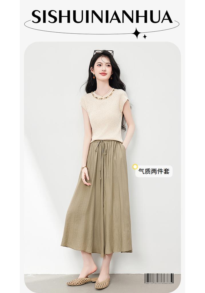 Fashionable temperament set, versatile soft knitted small shirt, wide leg pants two-piece set