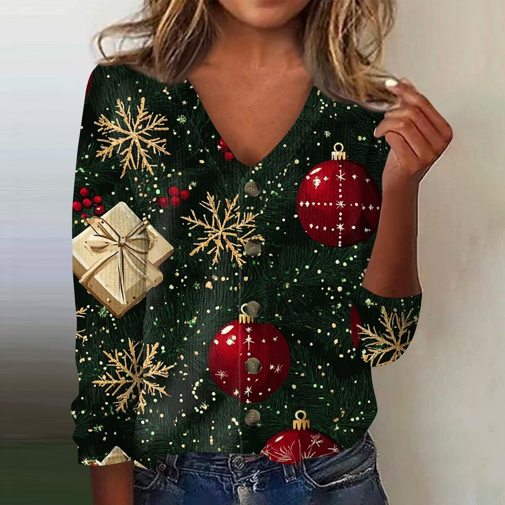 Women's Fashion Print Long Sleeve Knitted Cardigan Button Up Jacket