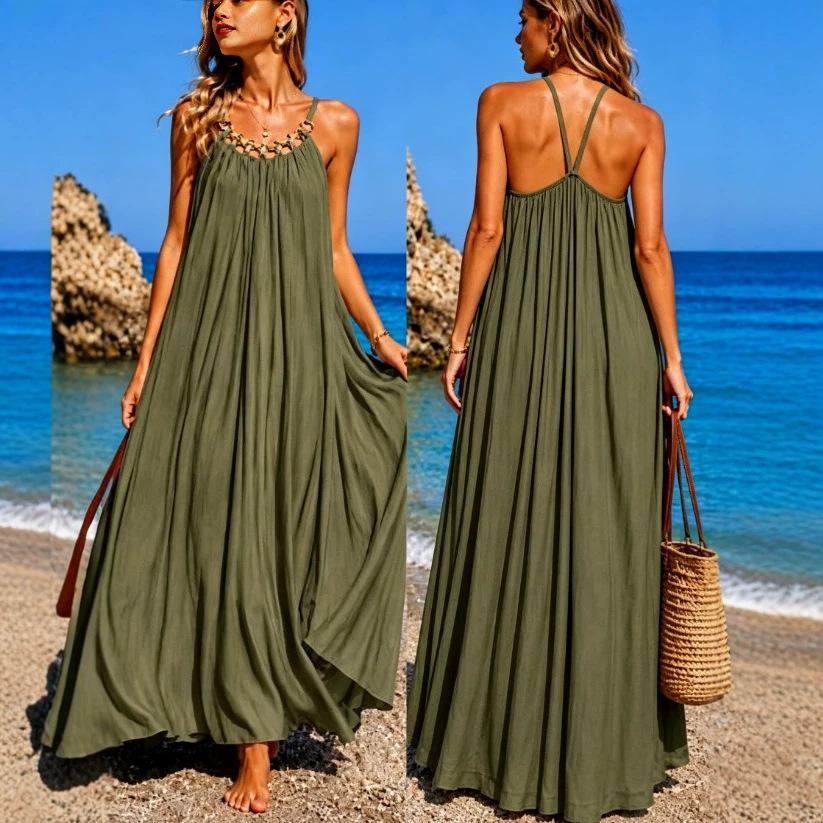 Women s Sleeveless Halter Neck Maxi Dress Loose Backless Casual Beach Long Dress S армия зеленый