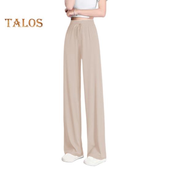 Women Pants Elastic High Waist Adjustable Drawstring Casual Trousers Solid Color Loose Fit Wide Leg Summer Thin Long Pants