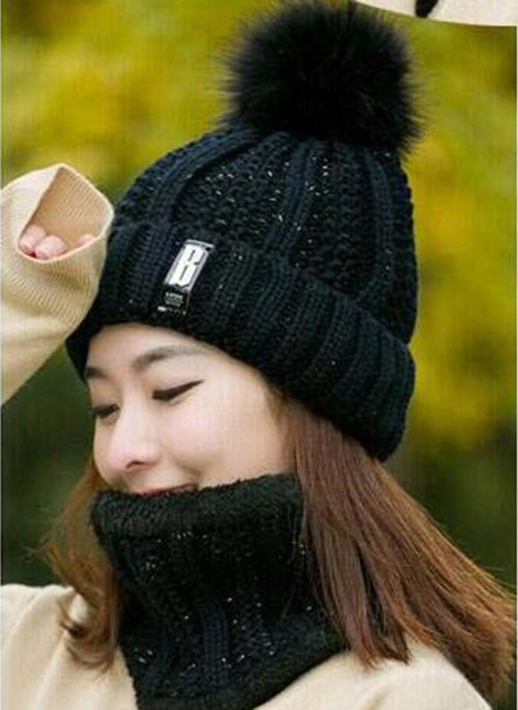 Women Ladies Warm Winter Hairball Plus Velvet Knitted Cap+Scarf