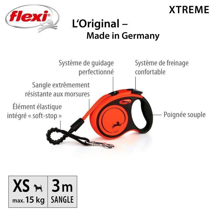 Laisse sangle trixie flexi xtreme - taille xs - 3m - noir et orange