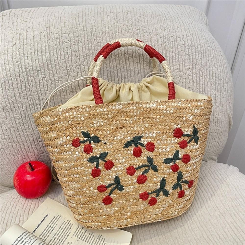 Embroidery String Straw Tote Bags Coconut Tree Design Sweet Casual Woven Handbags Bohemian Style New Design