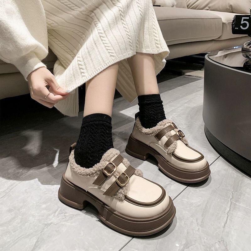 Brand Thick-Soled Leather Height-Increasing Warm Cotton Shoes for Women - Autumn/Winter Japanese Style