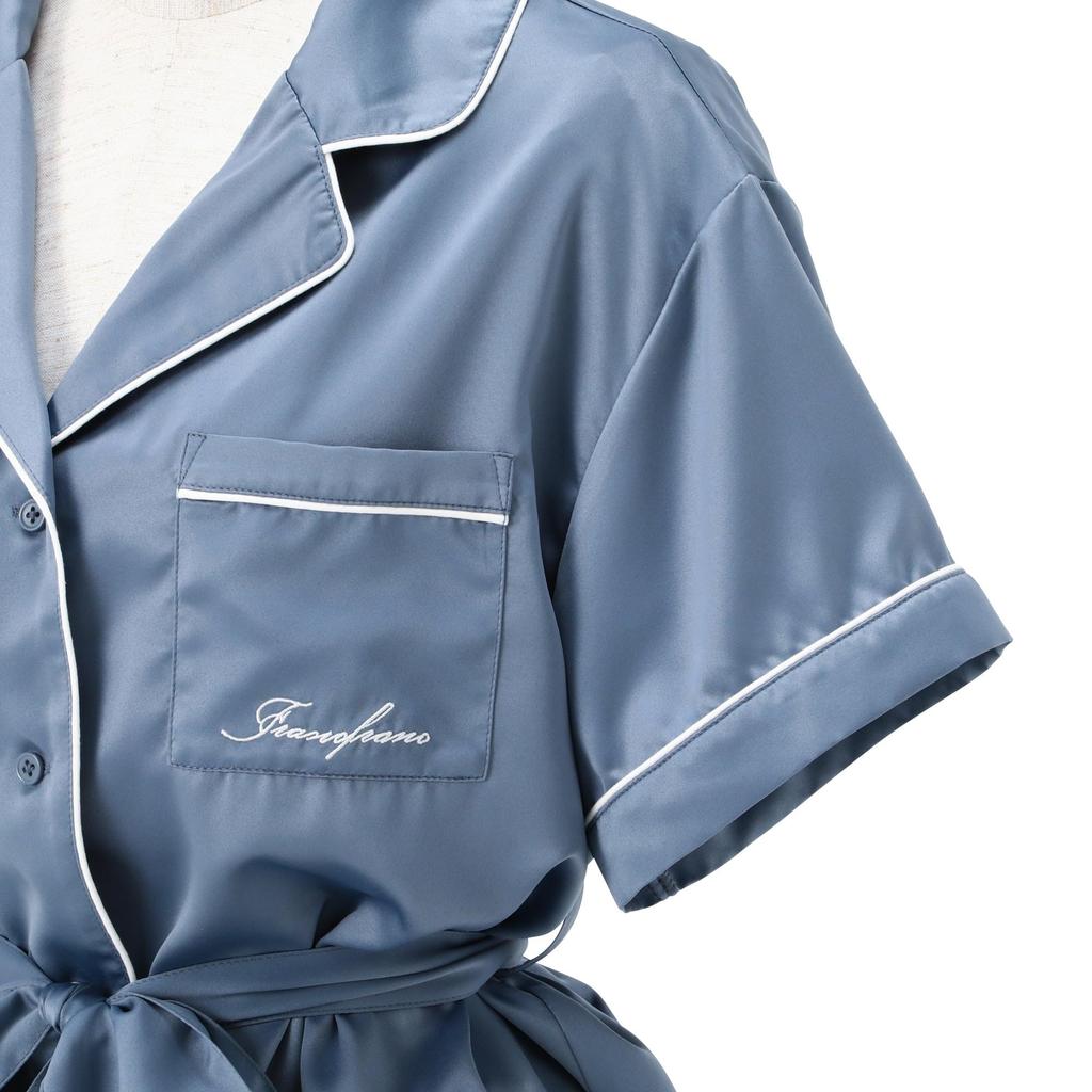 Francfranc Hyaluronic Acid-Processed Logo Embroidered Short-Sleeve Pajamas, Blue, 2025 Model, Loungewear/Relaxation Wear, Top and Bottom Set