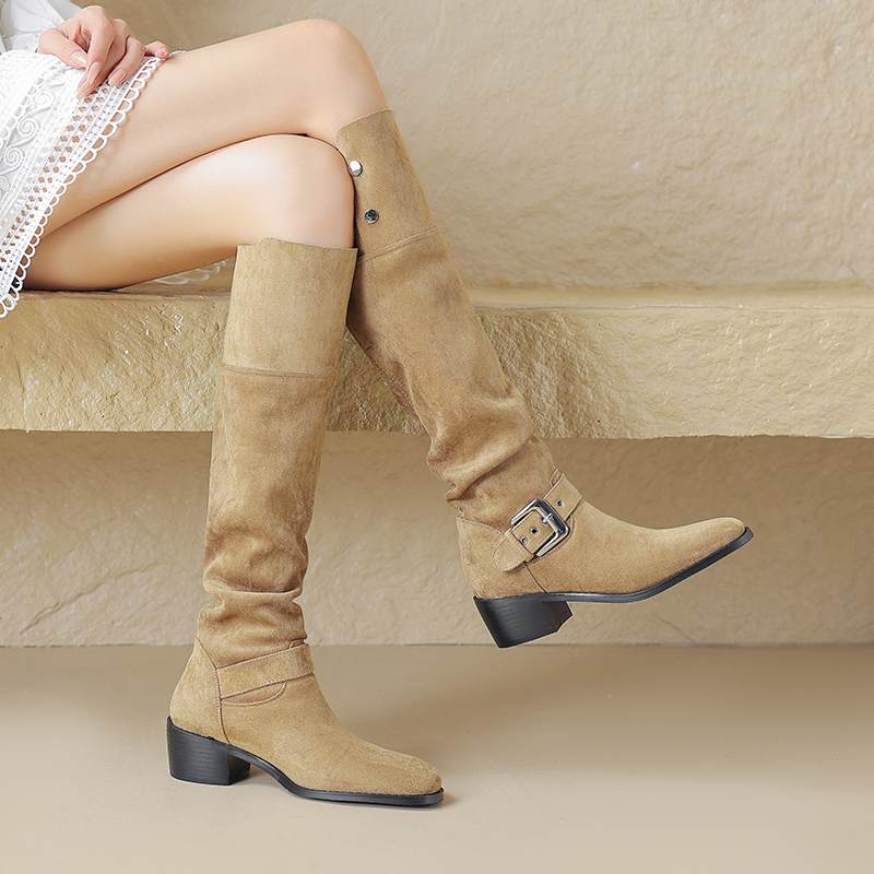 Krazing Pot Zapatos de Microfibra con Pelo Otoño Invierno Tacón Medio Grueso Botas de Montar Remaches Punta Cuadrada Mantener Caliente Botas Altas hasta la Rodilla