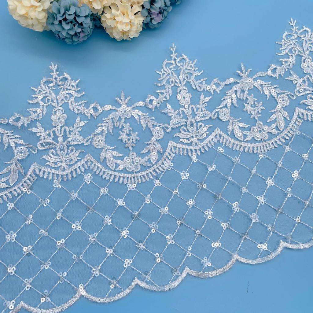Mesh Embroidery Width 25Cm Plaid Beads Sequins Embroidery Dress Decorative Lace Accessories Sequins Lace