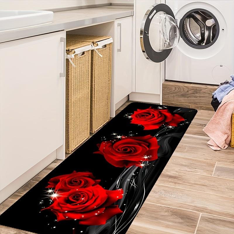 Modern Rose Flower Print Kitchen Mat, Colorful Non-Slip Indoor Carpet, Decorative Area Rug for Bathroom Bedroom Living Room