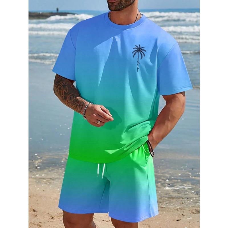 Herren Kurzarm Set Farbverlauf Print T-Shirts Shorts mit Kordelzug Urlaubsstrand Kurzarm Oberteil Shorts Zweiteiliges Set