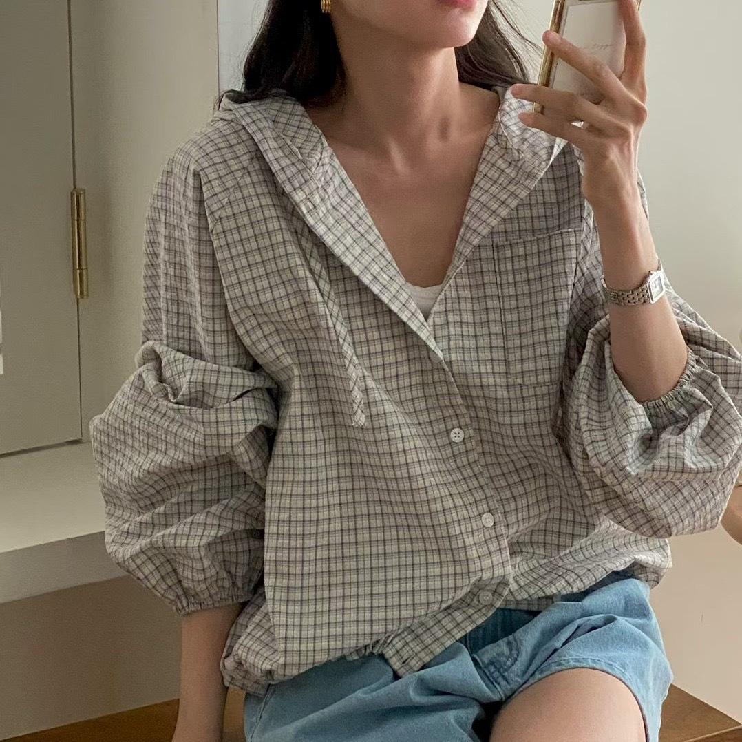 Корейский Стиль Простая Повседневная Свободная Рубашка в Клетку с Длинным Рукавом Шикарная Ретро Рубашка-Куртка с Капюшоном в Клетку для Защиты от Солнца S