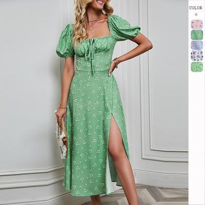 Self-shooting Spring and Summer Fashion Women's Clothing Bubble Sleeves Straps Tube Top Split Flower Dress Short Sleeves