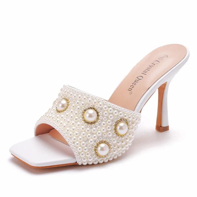 Fashion Summer Pearl Water Diamond 9cm Square Head High Heel Slippers Fashion Fish Mouth Wine Glasses Temperament Beaded Shallow Sandals