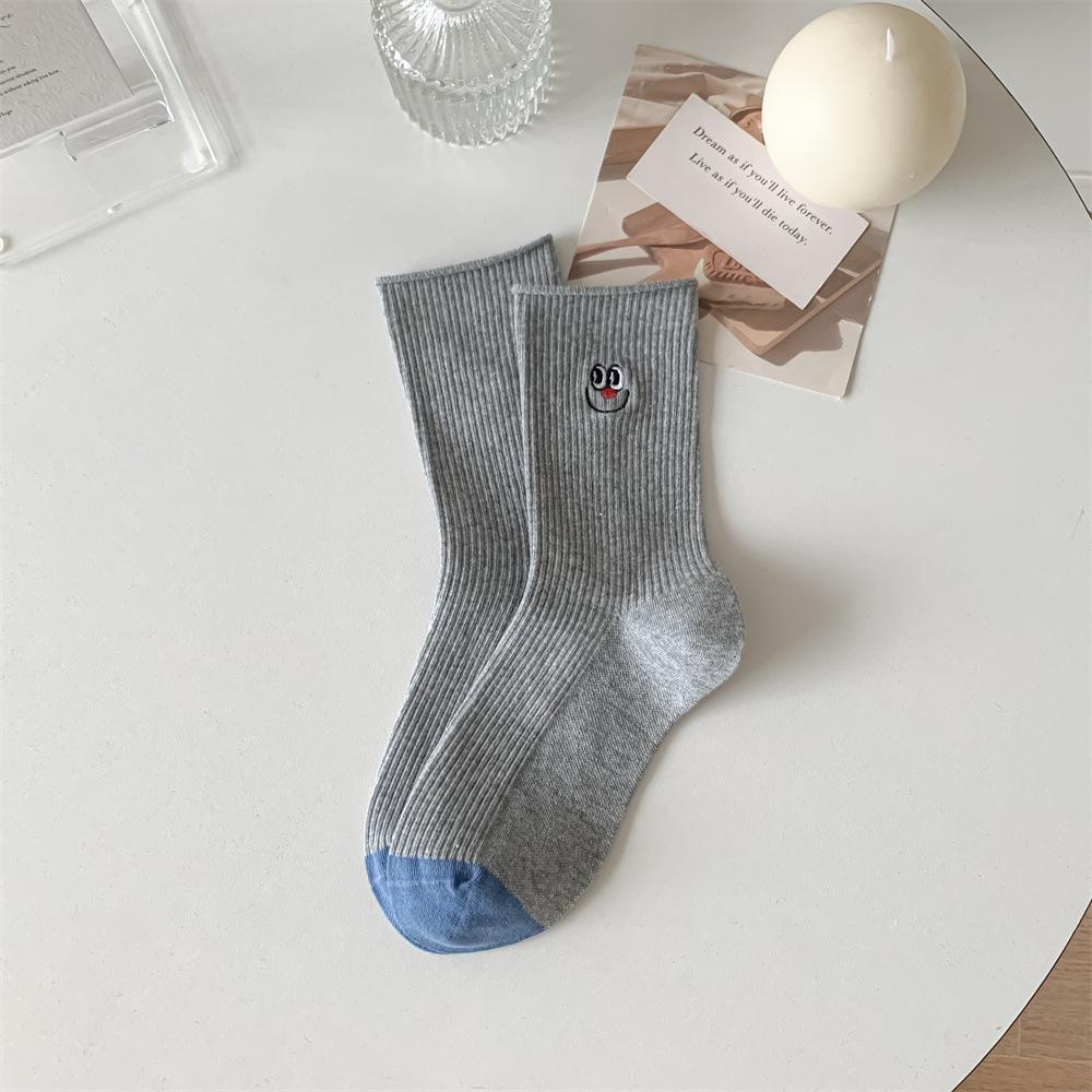 Dongdaemun Women'S Socks Double Needle Cartoon Expression Smiley Face Animal Embroidery Women'S Cotton Socks Medium Tube Socks Stacking Socks