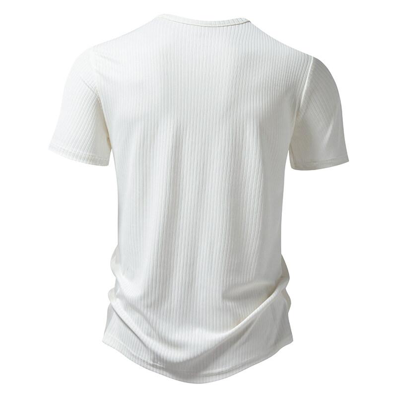 Summer European and American Casual Men's Short Sleeved T-shirt Button Henry Neck Pit Striped T Shirts Male Solid Color Top Tees