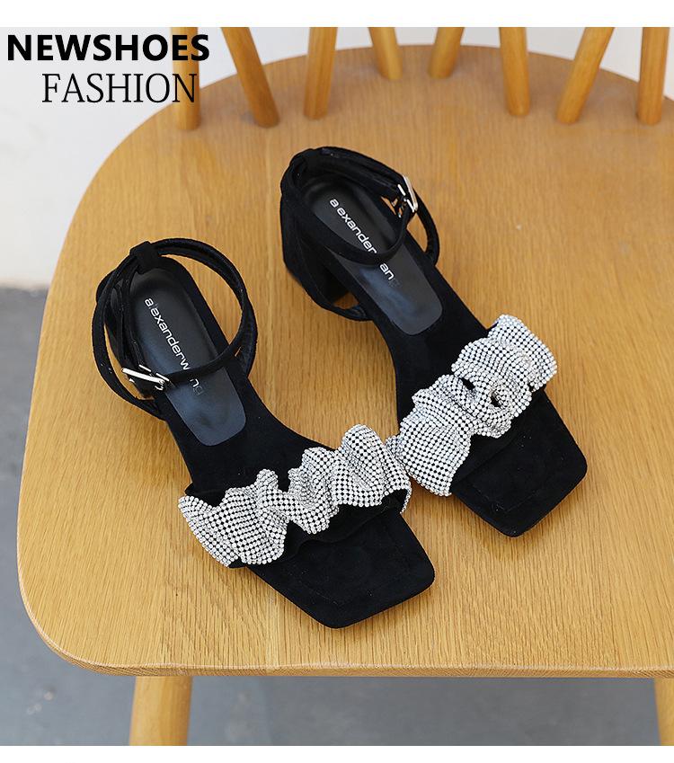 Star of the same style King 2025 spring and summer fairy square head rhinestone thick heel high heels word with fish mouth rhinestone