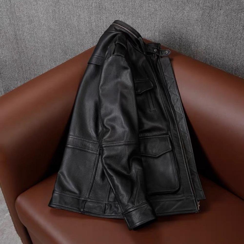 First Layer Cowhide Leather Jacket Men's Medium and Long Large Size Locomotive Autumn and Winter Jacket