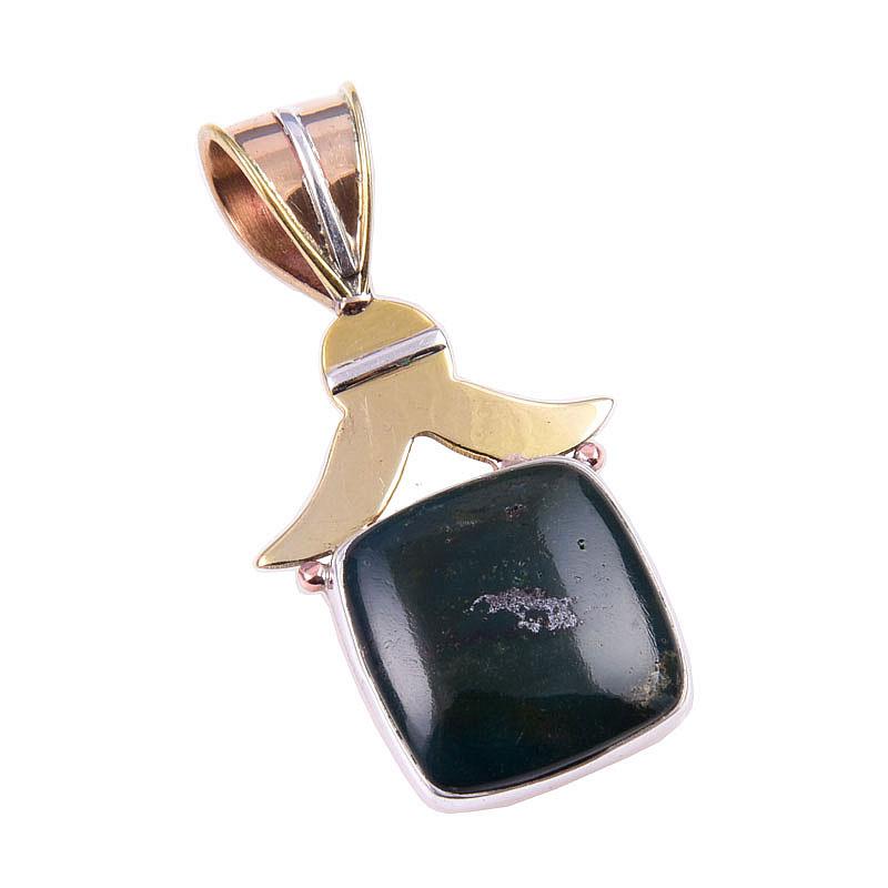 Natural Bloodstone Gemstone 925 Solid Sterling Silver TwoTone Pendant 1.50" o3Z07