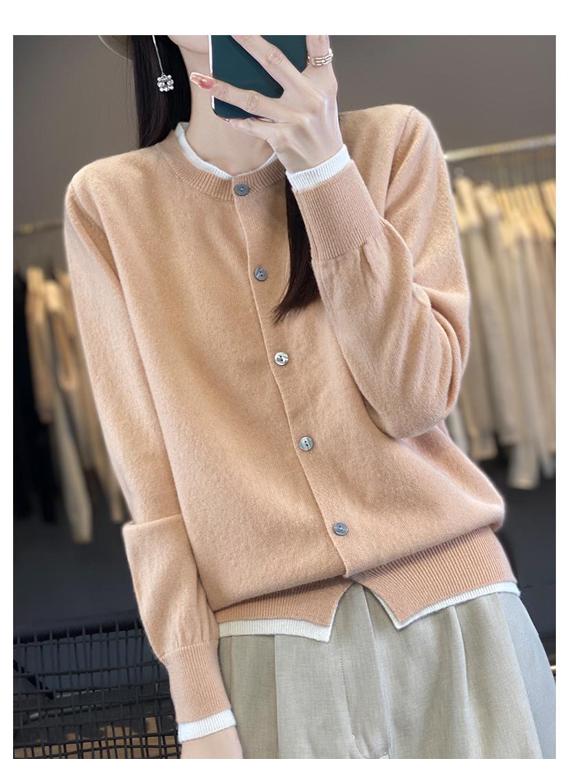 

Женский кардиган из чистой шерсти с круглым вырезом - Дизайн «два в одном», 100% шерсть, весенний трикотаж S верблюд/белый