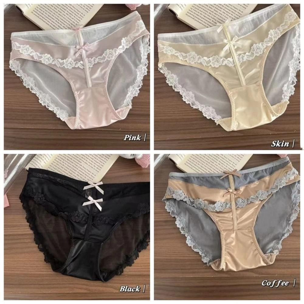 Bow Underwear for Women Transparent Mesh Lace Briefs Lingerie Lace Flower Panties  Lady