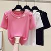 Zomer Dameskleding Slanke Veelzijdige T-shirt Koreaans Nieuw Ruches Korte Mouw Kralen Ronde Hals Vrouwelijk Basic Mode Casual Tops