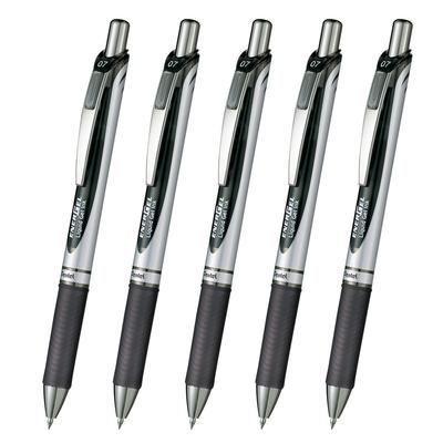 Pentel Energel Gel Ink Ballpoint Knock Silver 5 Pens Pen, Type, 0.7mm, Barrel, XBL77-A, Black,