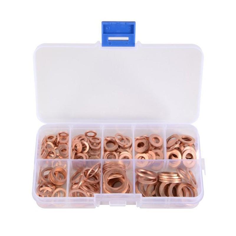 200 Pcs Copper Washer Gasket Nut and Bolt Set Flat Ring Seal Assortment Kit with Box M5/M6/M8/M10/M12/M14 For Sump Plugs Gasket