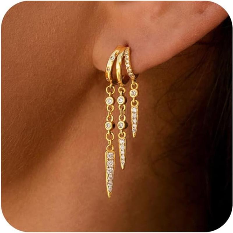 14k Gold Plated Triple Huggie Stud Earrings Cute Statement Chain Earring Dainty Drop Earrings for Women Trendy Jewelry
