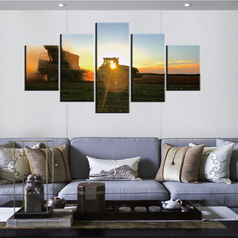 5 Panel Posters Retro Tractor Harvest On Farm Wall Art Pictures Home Decor Modular Canvas HD Paintings Living Room Decoration