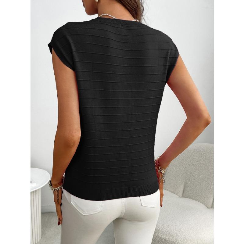 Letní dámský pulovr s krátkým rukávem a kulatým výstřihem, pruhovaný pletený svetr s kapsou, pletené vesty