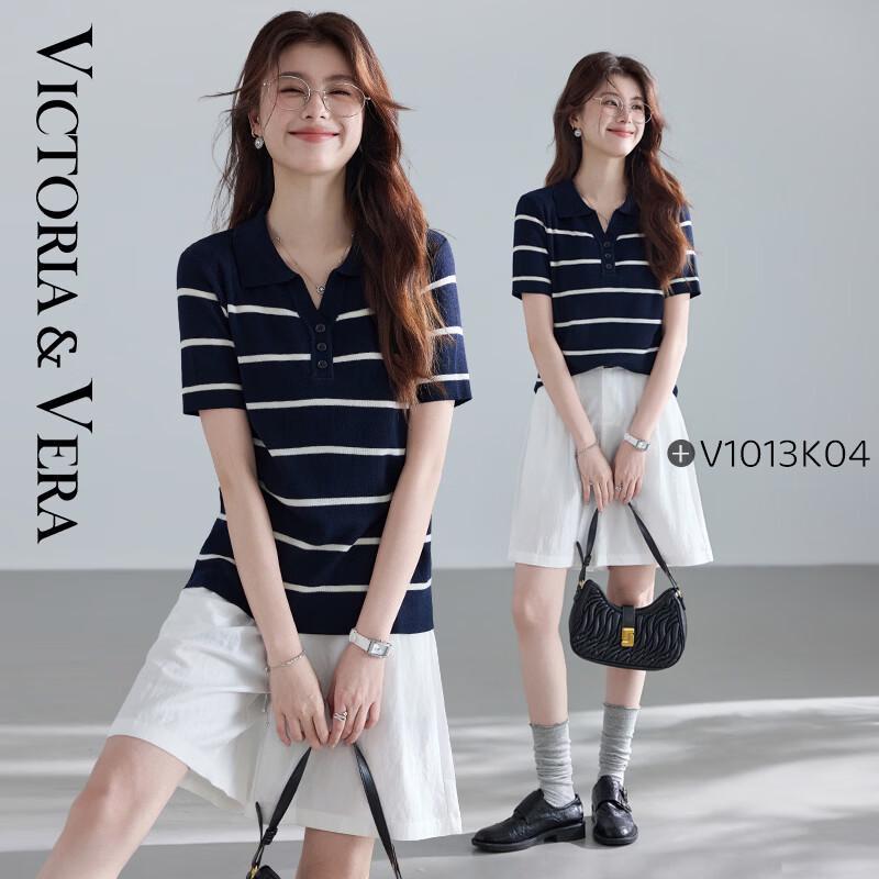 VICTORIA&VERA French Style Striped Knit Polo T-Shirt L