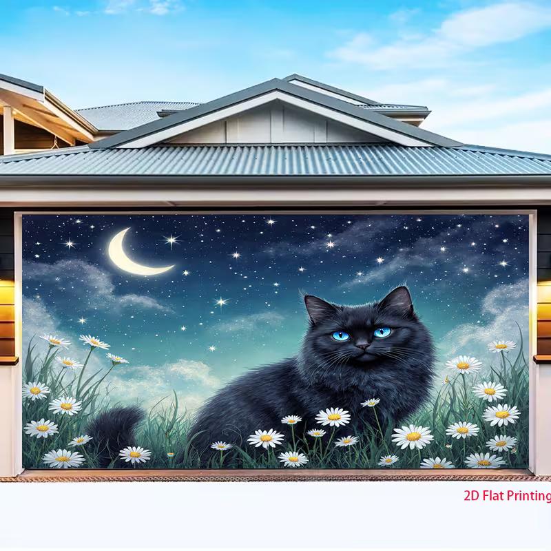 2D Magical Moonlight Cat Backdrop Cloth, Night Sky & Flower Photo Background