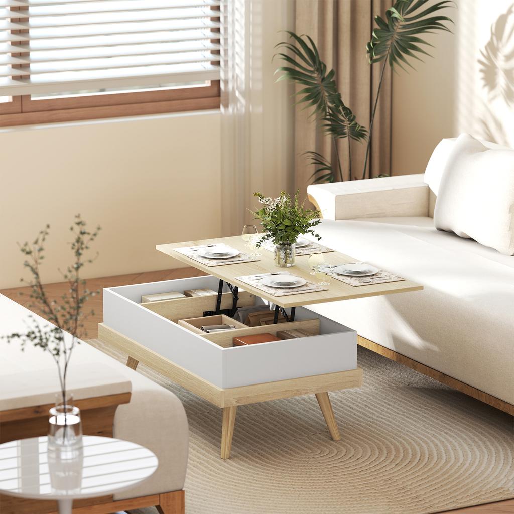 Lift-Top Coffee Table, 3 Hidden Compartments, Wooden Legs, 100 x 79 x 54 cm, Natural White