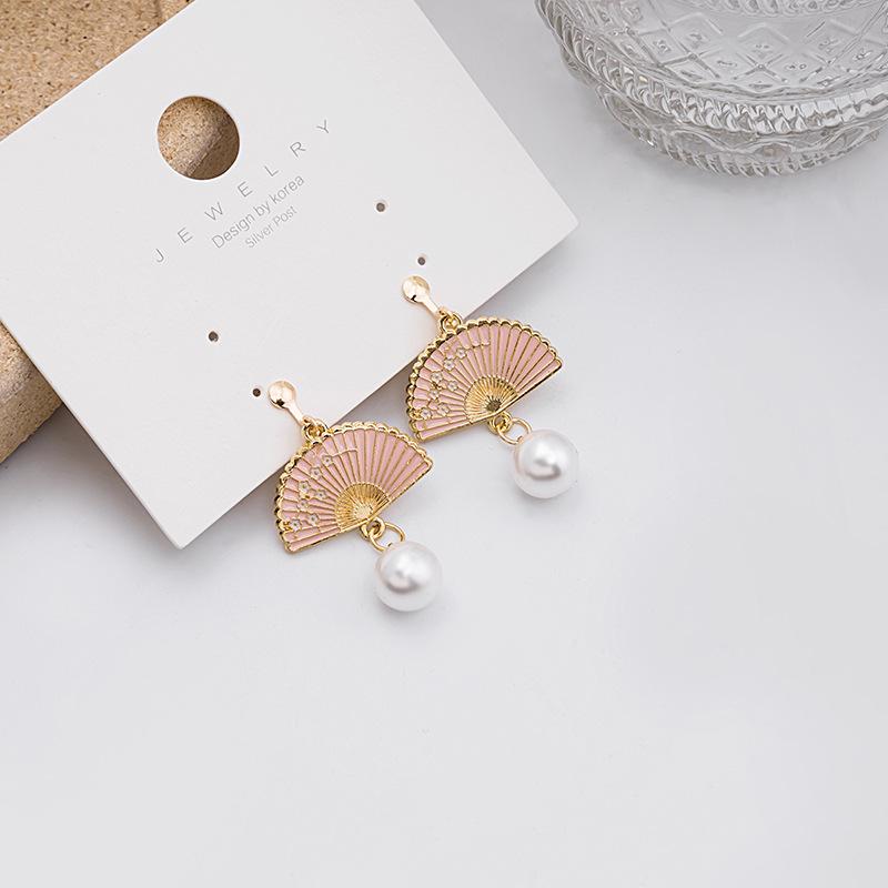 Vintage Japanese & Korean Tassel Pearl Clip-on Earrings with Floral Fan Design