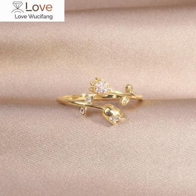 Korea  Design Fashion Jewelry 14K Real Gold Plated Leaf Zircon Cat Double Tulip Ring Elegant Women's Opening Adjustable Ring