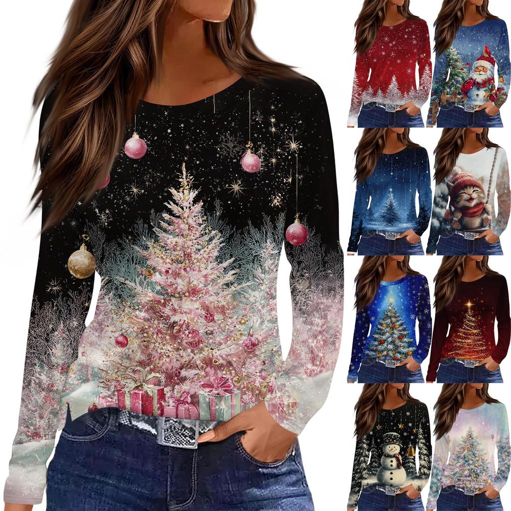 Women's Fashion Casual Slit Hem Round Neck Long Sleeve Loose Christmas Printed T-Shirt Ladies Top