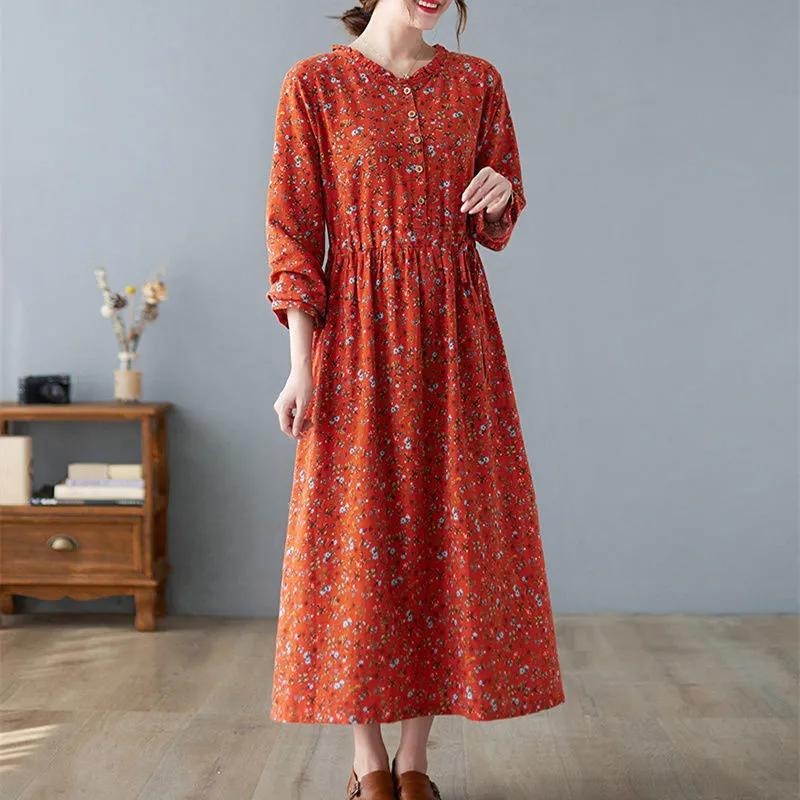 Long Sleeve Cotton Linen Ruffle Vintage Floral Dresses for Women Casual Loose Spring Autumn Dress Elegant Clothing