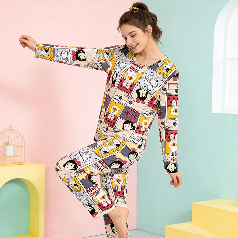 Spring and Autumn women's cartoon pajamas, pink girl cat print long-sleeved suit, loose loungewear