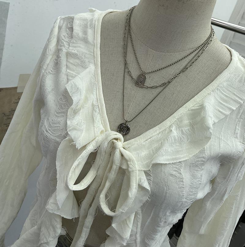 Post-Apocalyptic Style Ruffled Tie-Up Ripped Cardigan, Long-Sleeve Outer Layer